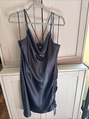 “Parker Black” Cowl Neck Satin Slip Mini Dress in Navy
